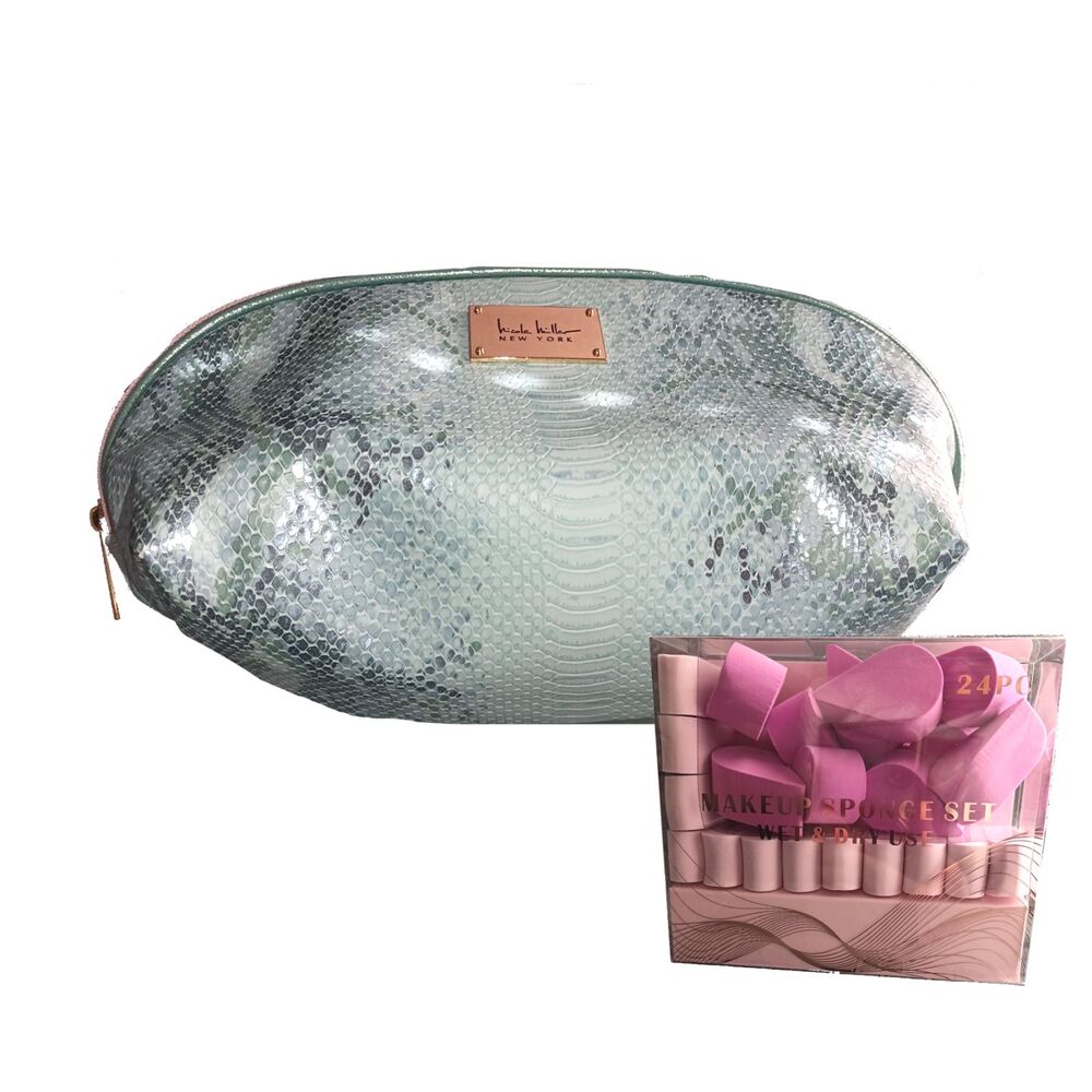 NWOT Nicole Miller Green Snakeskin Design Makeup Bag with Sponges